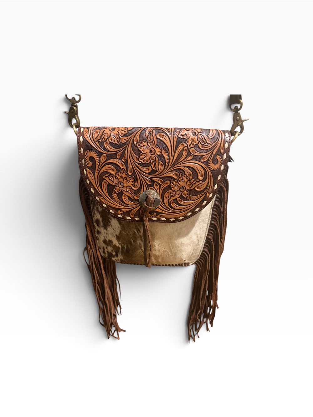 American Darling Tooled Leather & Hair-On Hide Fringe Crossbody - Brown